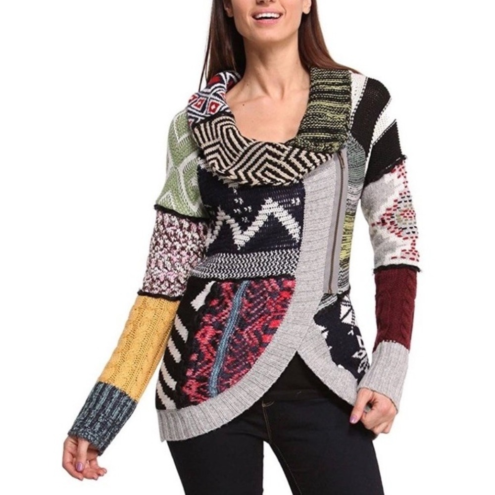 Desigual Patchwork Adriana Sweater Zip Front Why Sweater Womens Sz Large